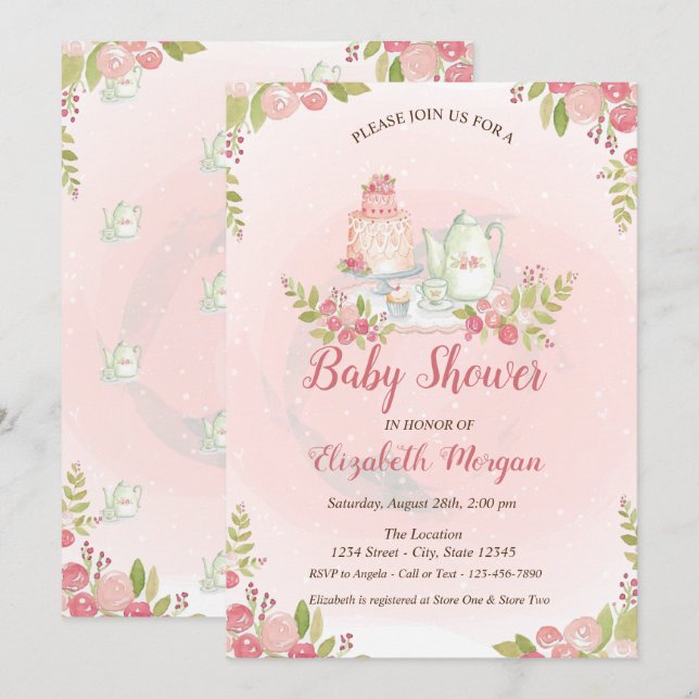 Invitación a Baby Shower con flores de Teapot (Anverso / Reverso)