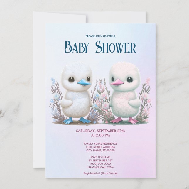 Invitación a Baby Shower con flores de Twin Ducks (Anverso)
