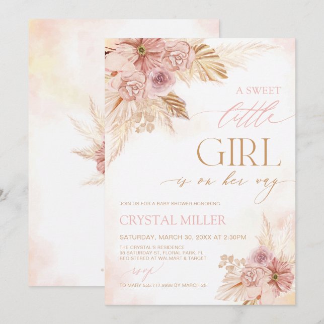Invitación a Baby Shower con flores de una niña du (Anverso / Reverso)