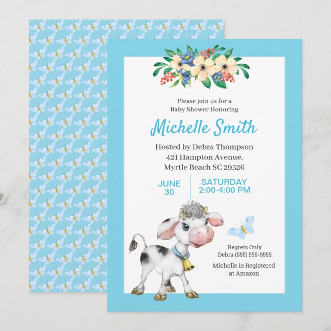 Invitación a Baby Shower con flores de vaca azul y (Anverso / Reverso)