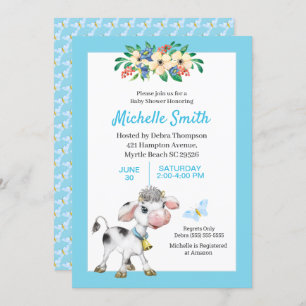 Invitación a Baby Shower con flores de vaca azul y
