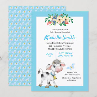Invitación a Baby Shower con flores de vaca azul y