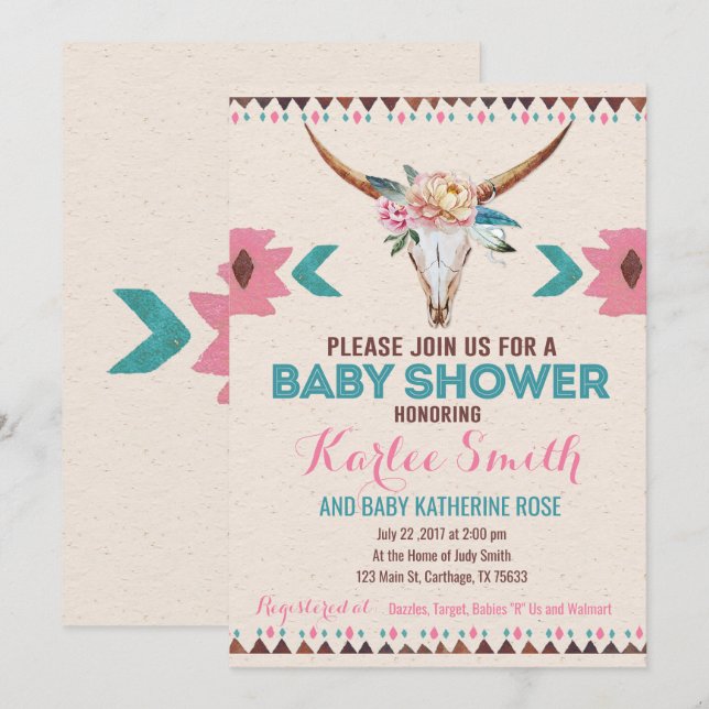Invitación a Baby Shower con flores del Boho Triba (Anverso / Reverso)