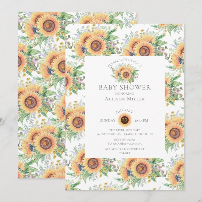 Invitación a Baby Shower con flores en el jardín d (Anverso / Reverso)