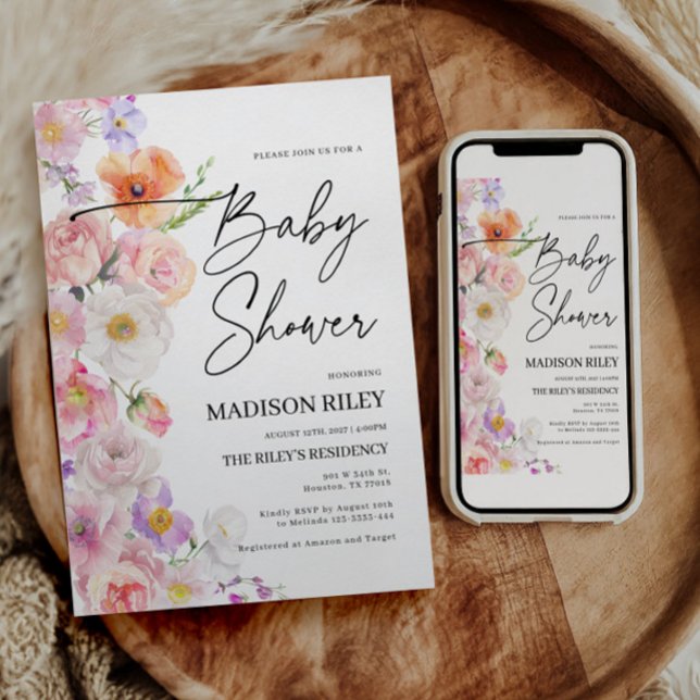 Invitación a Baby Shower con flores | Fiesta de fl (baby shower invitation floral)