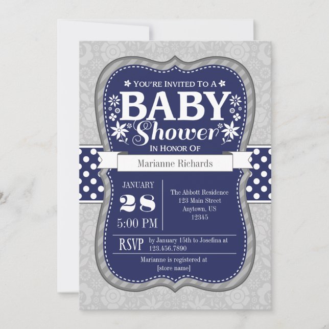 Invitación a Baby Shower con flores grises azules  (Anverso)