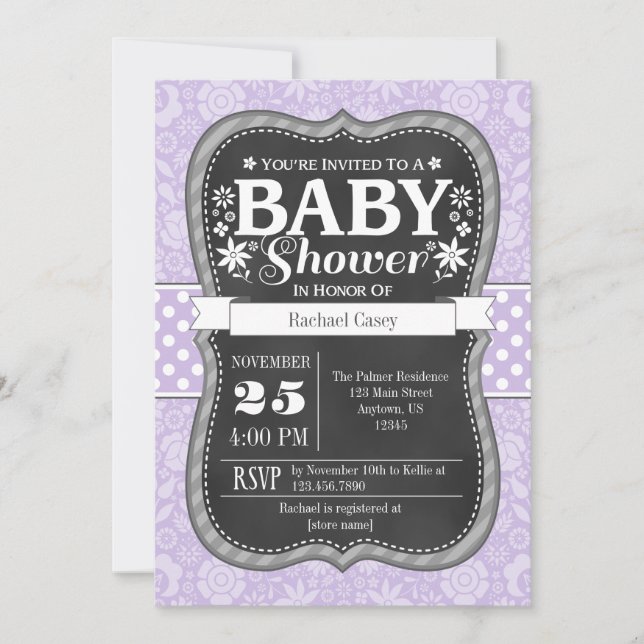 Invitación a Baby Shower con flores Lavender Chalk (Anverso)