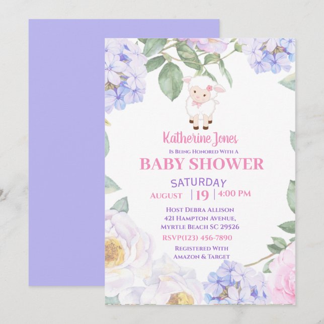 Invitación a Baby Shower con flores moradas de cor (Anverso / Reverso)