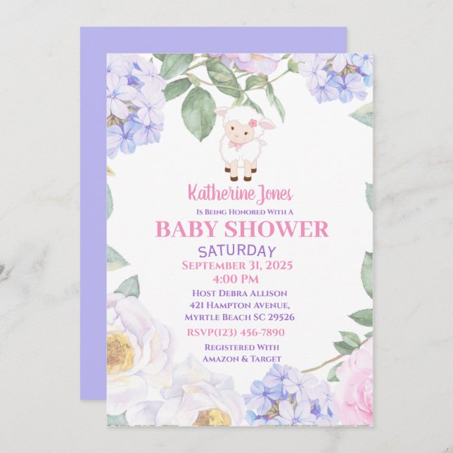 Invitación a Baby Shower con flores moradas de cor (Anverso / Reverso)