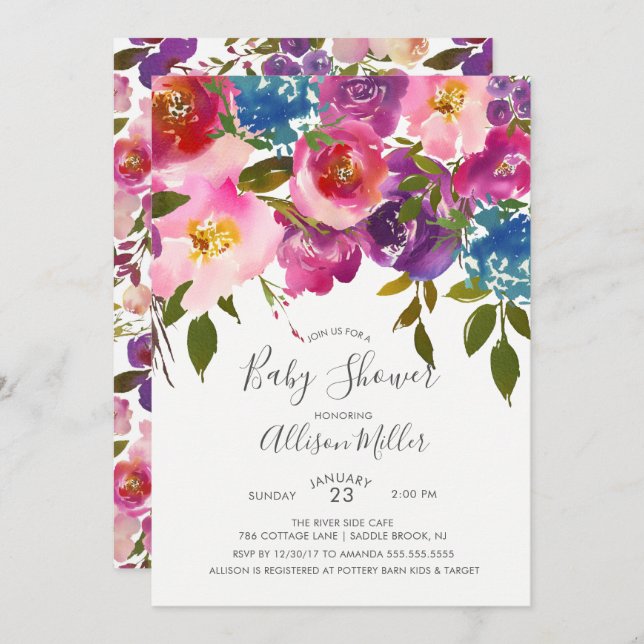 Invitación a Baby Shower con flores moradas y rosa (Anverso / Reverso)