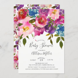 Invitación a Baby Shower con flores moradas y rosa
