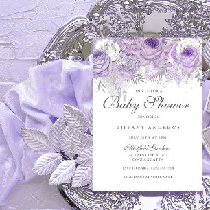 Invitación a Baby Shower con flores morado de plat
