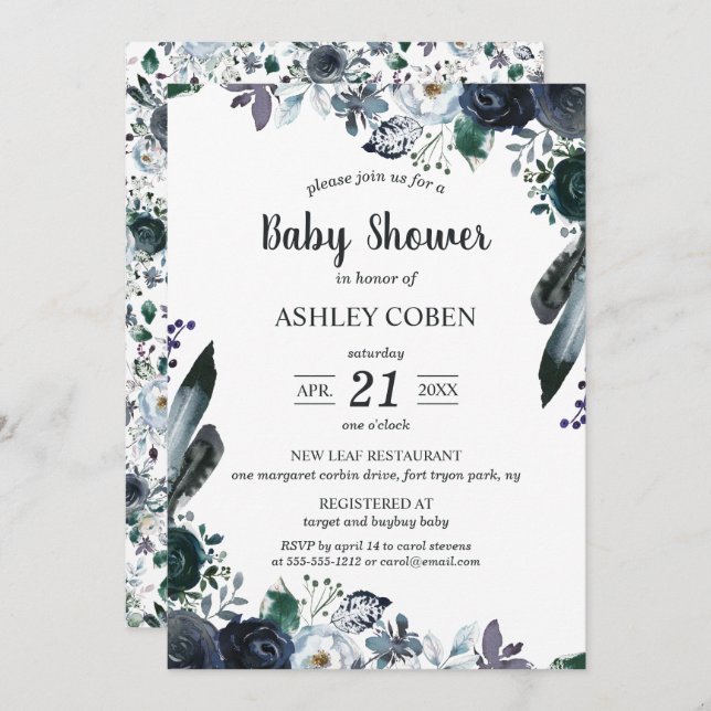 Invitación a Baby Shower con flores oscuras (Anverso / Reverso)
