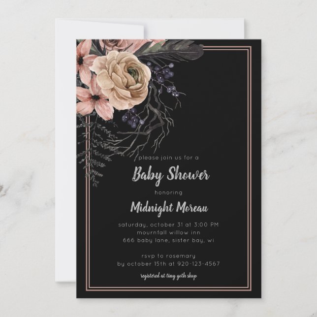 Invitación a Baby Shower con flores oscuras (Anverso)
