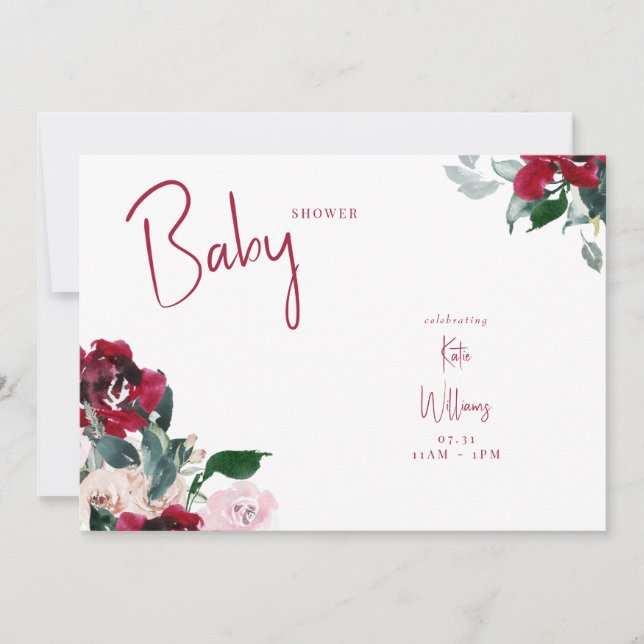 Invitación a Baby Shower con flores rojas y rosas (Anverso)