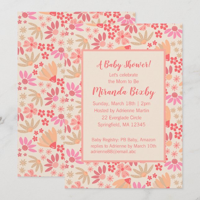 Invitación a Baby Shower con flores rosa y rosa (Anverso / Reverso)