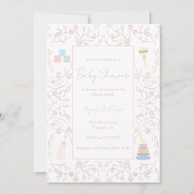 Invitación a Baby Shower con flores rosadas (Anverso)