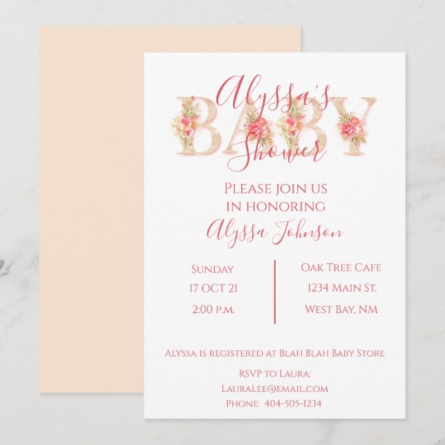 Invitación a Baby Shower con flores rosadas (Anverso / Reverso)
