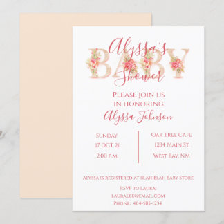 Invitación a Baby Shower con flores rosadas