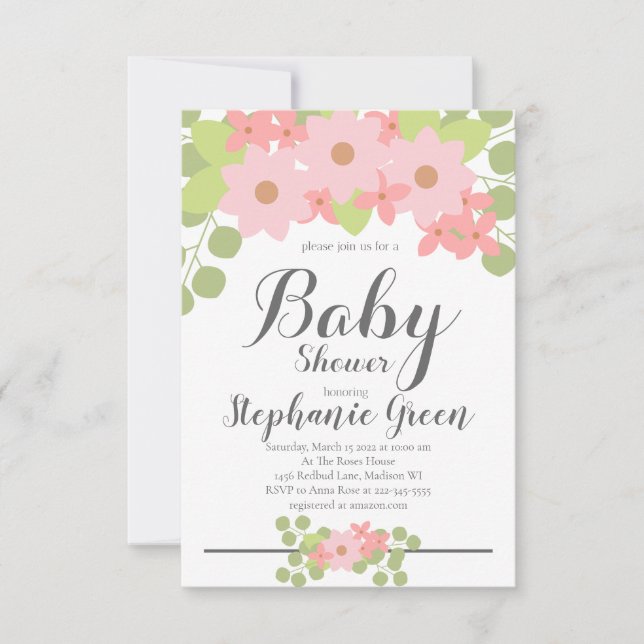 Invitación a Baby Shower con flores rosadas (Anverso)