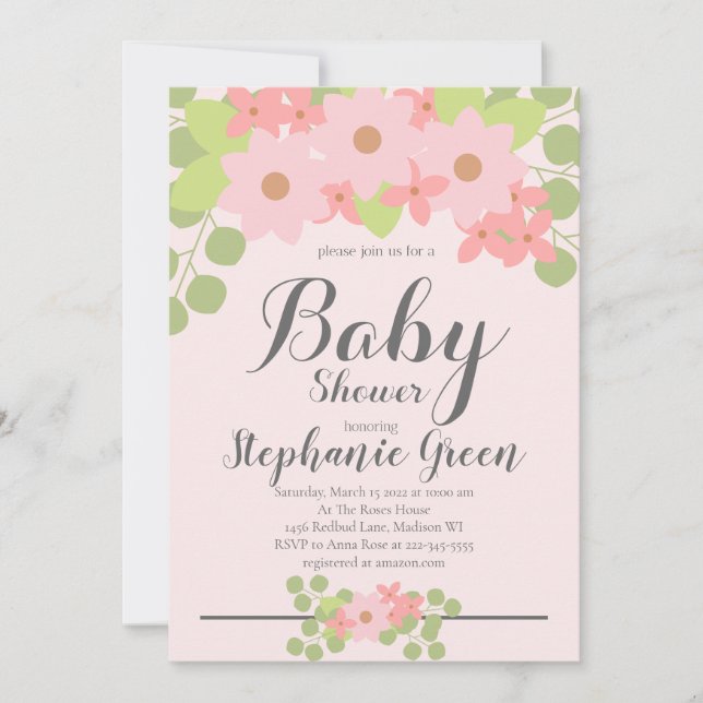 Invitación a Baby Shower con flores rosadas (Anverso)