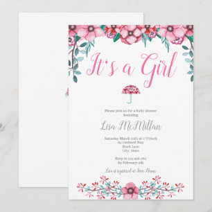 Invitación a Baby Shower con flores rosadas