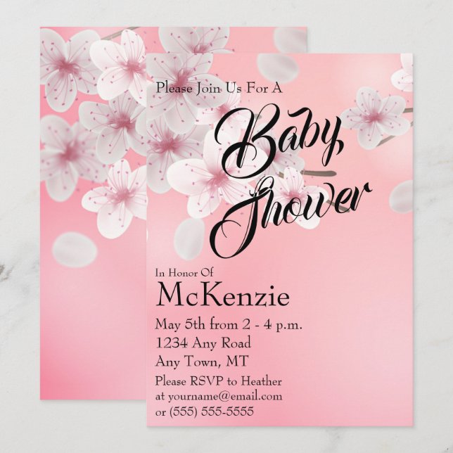Invitación a Baby Shower con flores rosadas (Anverso / Reverso)