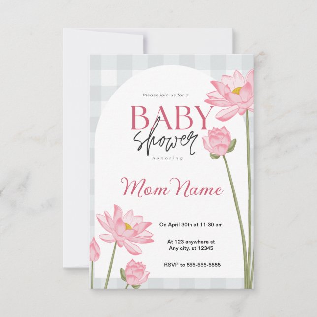 Invitación a Baby Shower con flores rosadas (Anverso)