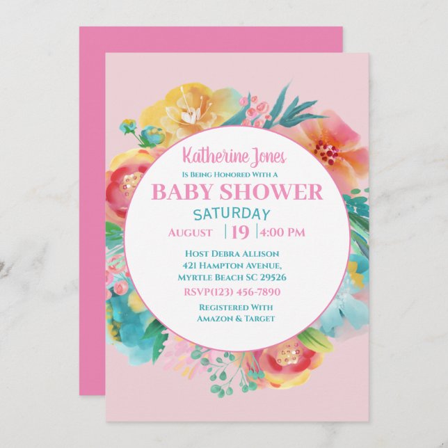 Invitación a Baby Shower con flores rosadas (Anverso / Reverso)