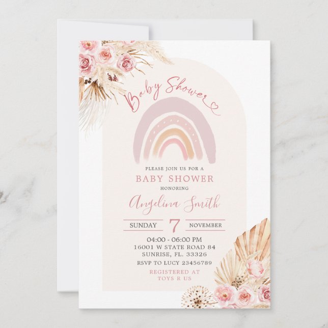 Invitación a Baby Shower con flores rosadas del ar (Anverso)