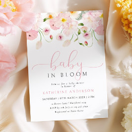 Invitación a Baby Shower con flores rosadas para b