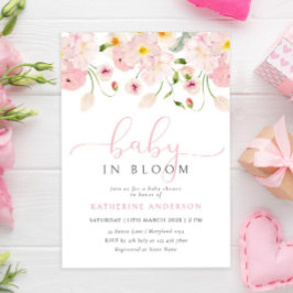 Invitación a Baby Shower con flores rosadas para b