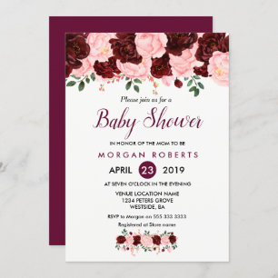 Invitación a Baby Shower con flores rosadas y borg
