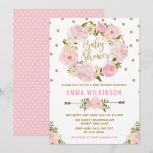 Invitación a Baby Shower con flores rosadas y dora