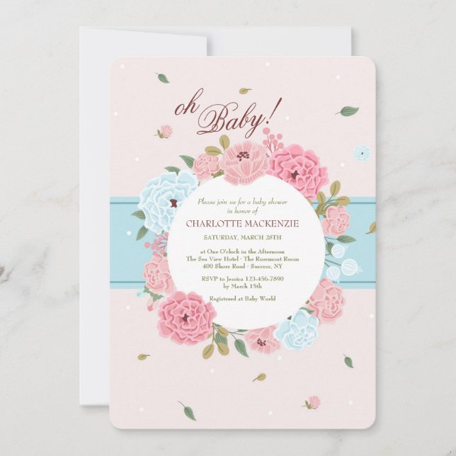 Invitación a Baby Shower con flores rosas y azules (Anverso)