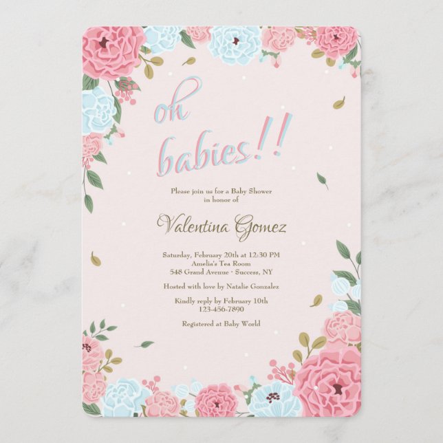 Invitación a Baby Shower con flores rosas y azules (Anverso)