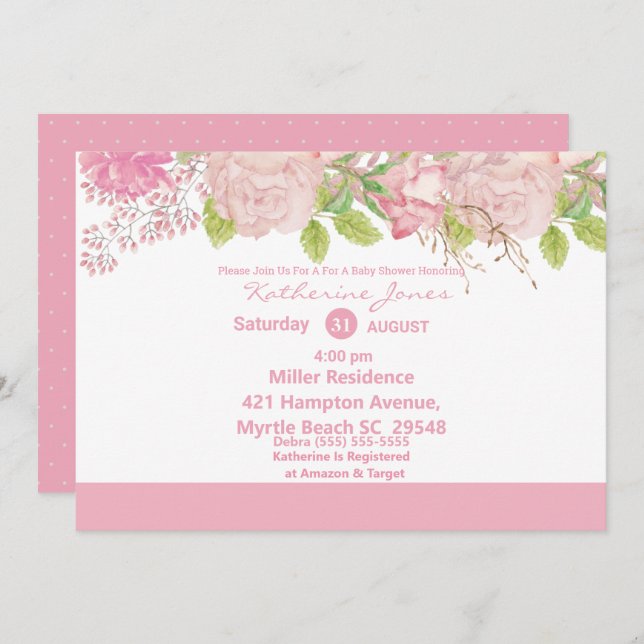 Invitación a Baby Shower con flores rosas y cremas (Anverso / Reverso)