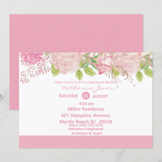 Invitación a Baby Shower con flores rosas y cremas