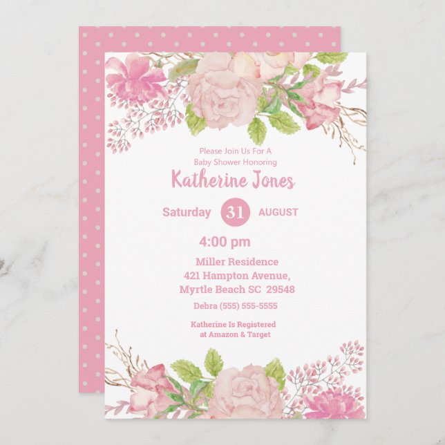Invitación a Baby Shower con flores rosas y cremas (Anverso / Reverso)