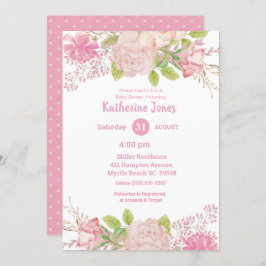 Invitación a Baby Shower con flores rosas y cremas