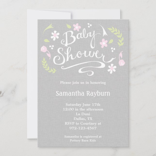 Invitación a Baby Shower con flores rosas y grises (Anverso)