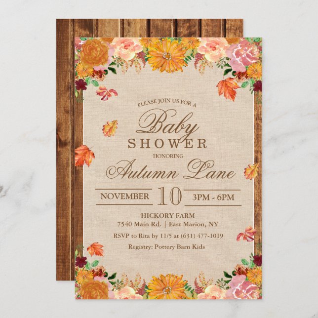 Invitación a Baby Shower con flores rusticas en ot (Anverso / Reverso)