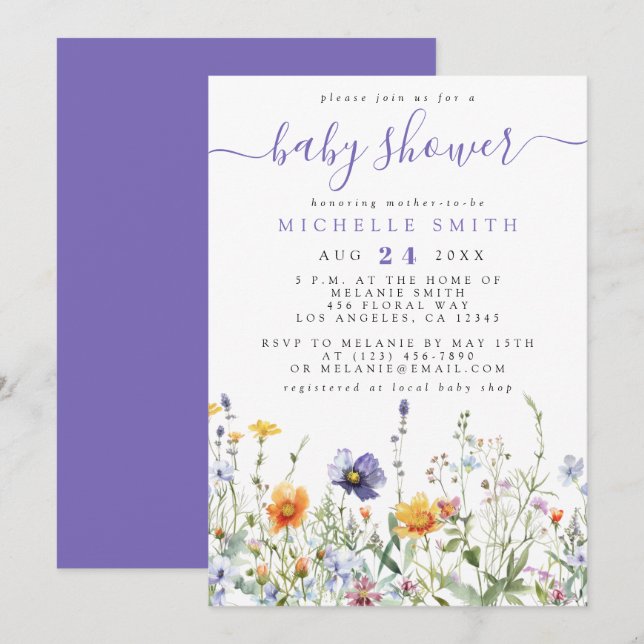 Invitación a Baby Shower con flores silvestres (Anverso / Reverso)