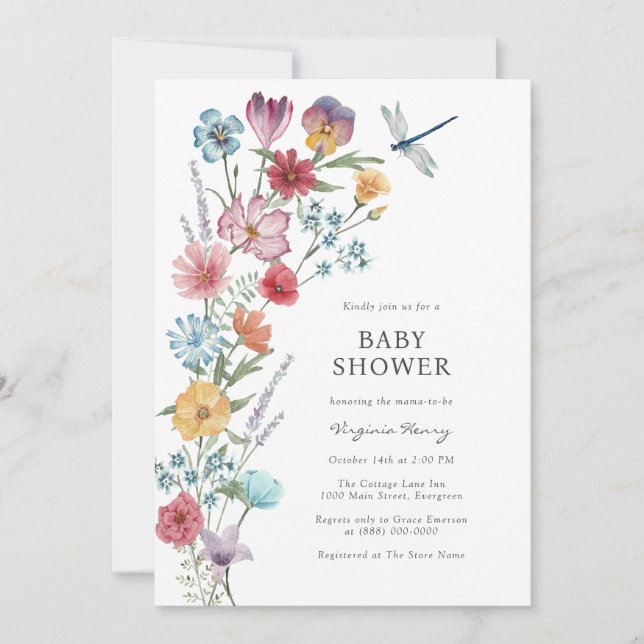 Invitación a Baby Shower con flores silvestres (Anverso)
