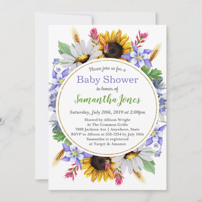 Invitación a Baby Shower con flores silvestres (Anverso)