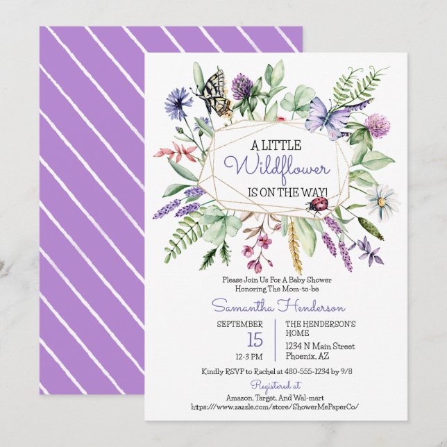Invitación a Baby Shower con flores silvestres (Anverso / Reverso)