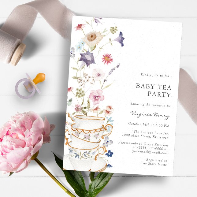 Invitación a Baby Shower con flores silvestres (Beautiful Wildflower Baby Shower Tea Party Invitation by Painted Paperie)