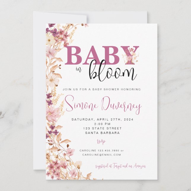 Invitación a Baby Shower con flores silvestres (Anverso)