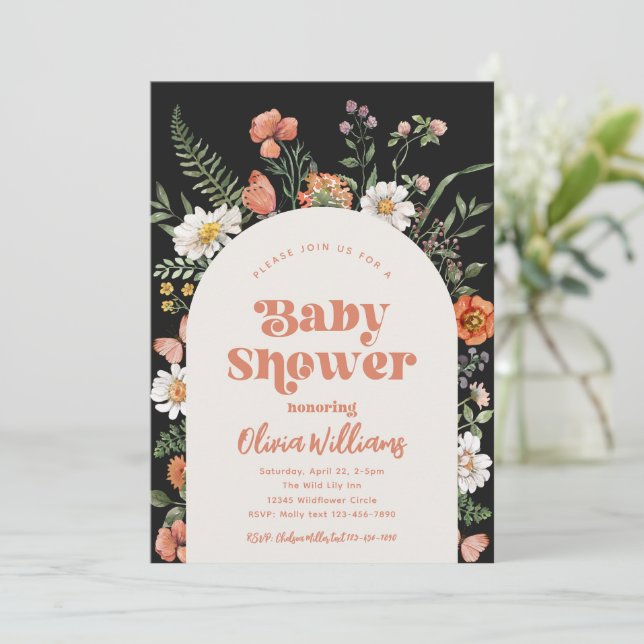 Invitación a Baby Shower con flores silvestres | B (Anverso de pie)