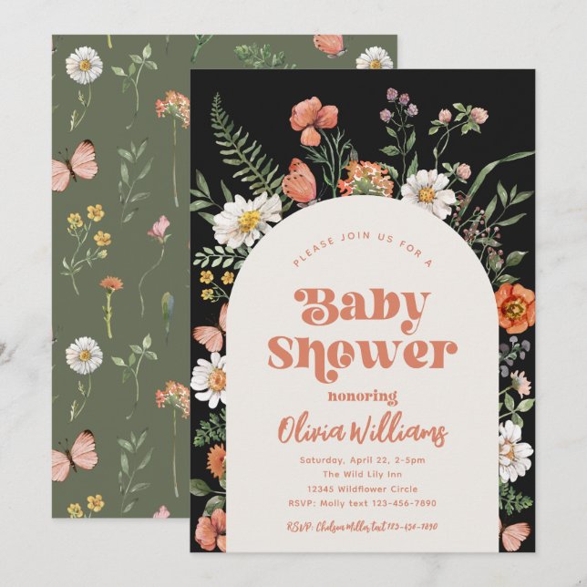 Invitación a Baby Shower con flores silvestres | B (Anverso / Reverso)